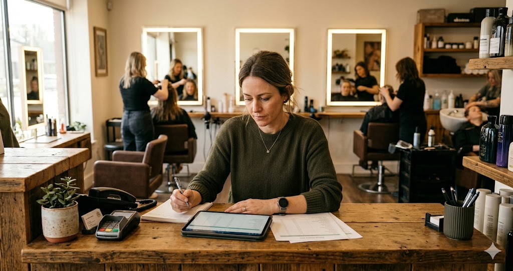 Propietaria de salón de peluquería calculando el precio de sus servicios