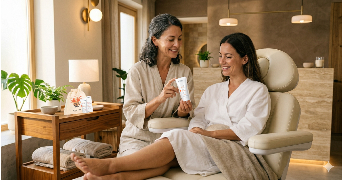 Esteticista mostrando Ainhoa Skin Primers SPF50 a clienta en centro de estética