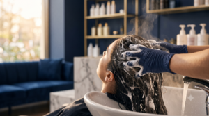 Peluquera profesional lavando el cabello de una clienta con champú y abundante espuma en el lavacabezas de un salón