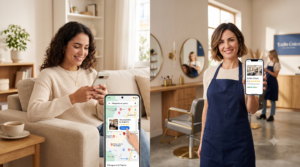 Peluquera consultando reseñas de Google de 5 estrellas en el móvil dentro de su salón